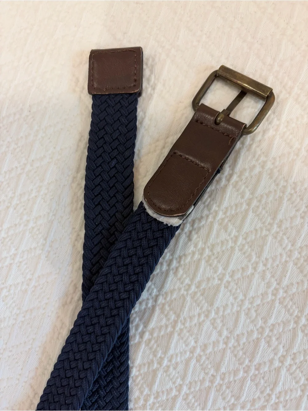 Kids Braided Stretchy Navy Belt with Brown Leather Trim (Roostas)
